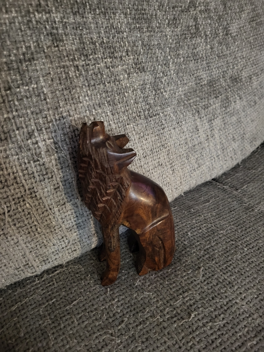 Small Hand Carved Wooden Wolf/Coyote Figurine Howling Dark Brown Wood
